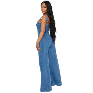 Combinaisons pour femmes en denim sexy à bretelles spaghetti, bouton sur le devant, décontractées, <span class=keywords><strong>pantalon</strong></span> large à jambes droites, tenue <span class=keywords><strong>de</strong></span> soirée, <span class=keywords><strong>combinaison</strong></span> une pièce - Product Image 2