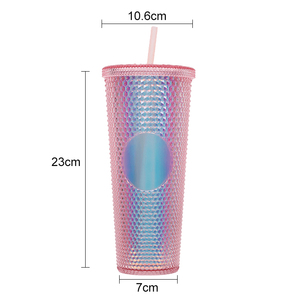 24 oz doble pared mate rosa amarillo enjoyado diamante plástico acrílico tachonado vaso con pajita - Product Image 3