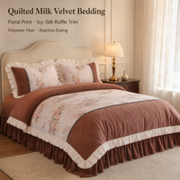 Parure de lit 4 pièces en velours de lait polyester, motif floral matelassé teint réactif, avec housse de couette en soie glacée et bordure à volants en dentelle