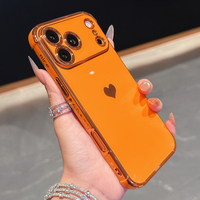 Coque en TPU souple plaquée or avec motif cœur mignon pour iPhone 16 15 12 13 14 17 Pro Max, couleur orange, étui antichoc pour filles