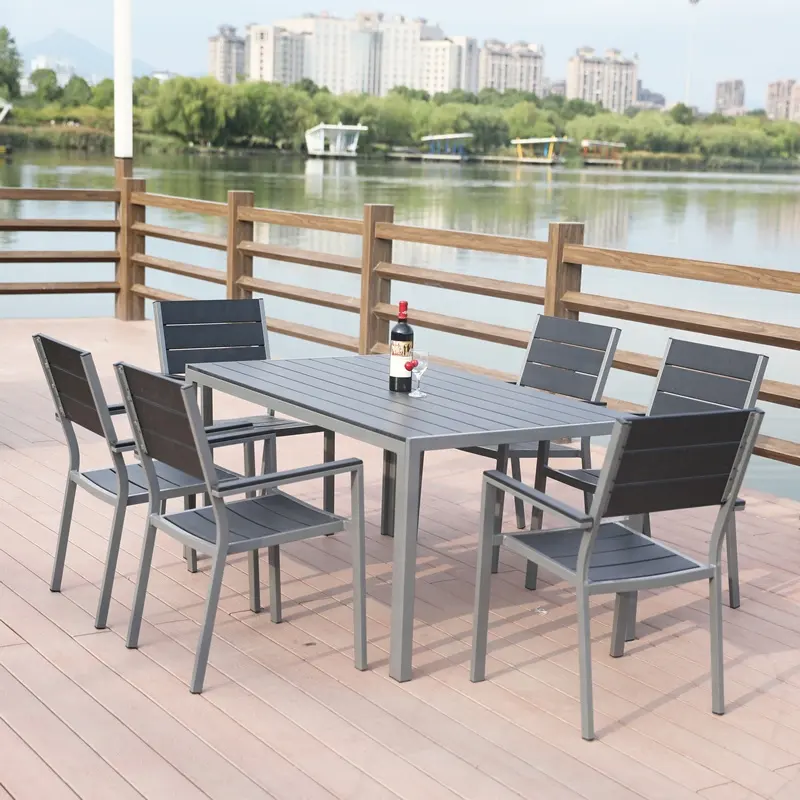 Outdoor Home Furniture Wood Aluminum Brushed Banquet Table Dining Room Dinner Table And Chairs