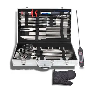 Custodia in alluminio accessori per BBQ Set Multi-strumento per Barbecue in acciaio inossidabile grigliate Set da 32 pezzi per Barbecue