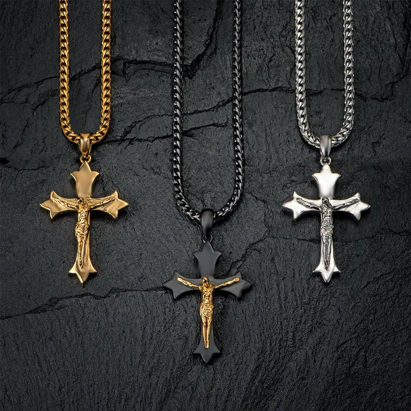 Espelho De Aço Inoxidável 316L Polido Crucifixo Medieval Jesus Christ Cross Charme Colar De Pingente para Homens Moda Jóias