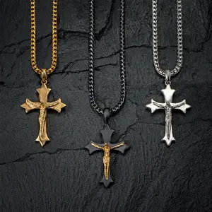 316L Edelstahl Spiegel poliert mittelalter liches Kruzifix Jesus Christ Cross Charm Anhänger Halskette für Männer Modeschmuck