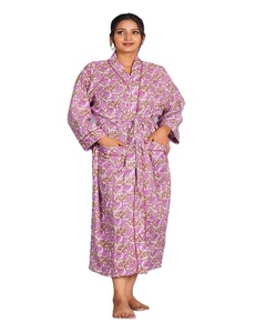 Robe kimono décontractée en coton bleu grande taille pour femme, imprimé floral fait main, vêtements de détente, disponible en gros - Product Image 3
