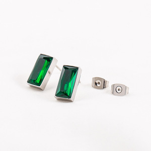 Geometric Green Crystal Stud Earrings <b>Titanium</b> Steel Bezel Setting Everyday Wear - Product Image 2