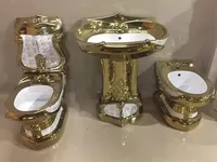 Commode allongée en céramique monobloc de style européen de luxe doré Ensemble de toilette à double chasse avec lavabo sur pied pour hôtels