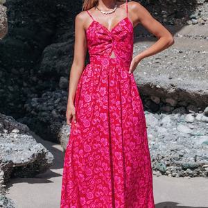 Robe de soirée longue à imprimé floral et col en V noué pour femme, qualité supérieure, personnalisable OEM, vente en gros, bretelles amples, longueur midi, tissage. - Product Image 5