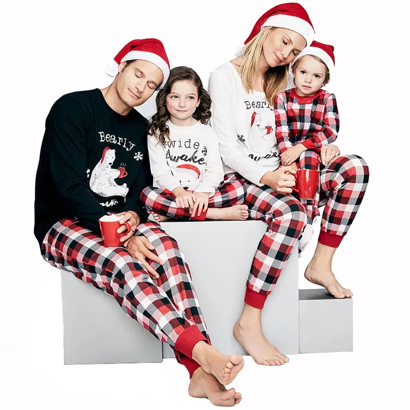 Christmas Home wear Men's Sleepwear Thermal Pajama Set family series black t shirt and red plaid trousers