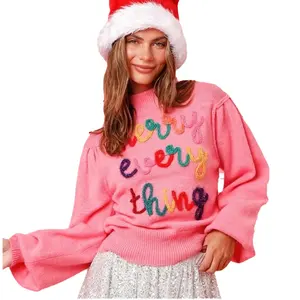 OEM High Neck Puff Long Sleeve Tinsel Embroidery Letter Knitted Women's Sweaters Merry Christmas Tinsel Knitted Women Sweaters