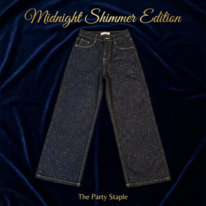 Jeans Minimalisti Neri con Glitter Sottile, Vita Alta, Gamba Larga, Stile Y2K, per Feste Estive, con Cinque Tasche - Product Image 1