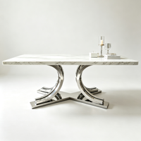 Table à manger moderne en marbre, plateau en pierre blanche, base en métal incurvée dorée, table rectangulaire minimaliste pour la maison
