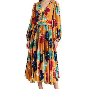 Haute qualité Vintage taille libre imprimé Midi robe plissée pour les femmes toute l'année col en <span class=keywords><strong>v</strong></span> en mousseline de soie robe plissée pour <span class=keywords><strong>Madame</strong></span> parties - Product Image 3