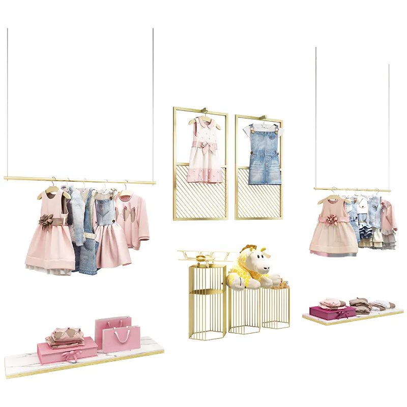Scaffale per abbigliamento per bambini con soffitto in oro personalizzato negozi negozio per bambini Design espositore per vestiti da parete in metallo per negozio