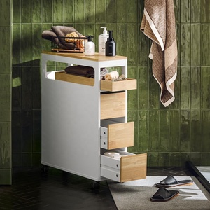 Narrow White Kitchen Wood Bamboo <strong>Towel</strong> Toilet Paper <strong>Bathroom</strong> <strong>Storage</strong> <strong>Cabinet</strong> with Wheels - Product Image 5
