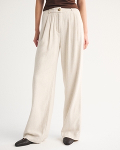 Leduo Customized Beige <b>Linen</b> Blend Wide Leg Pants Women High Waist Pleated Loose Casual Trousers - Product Image 2