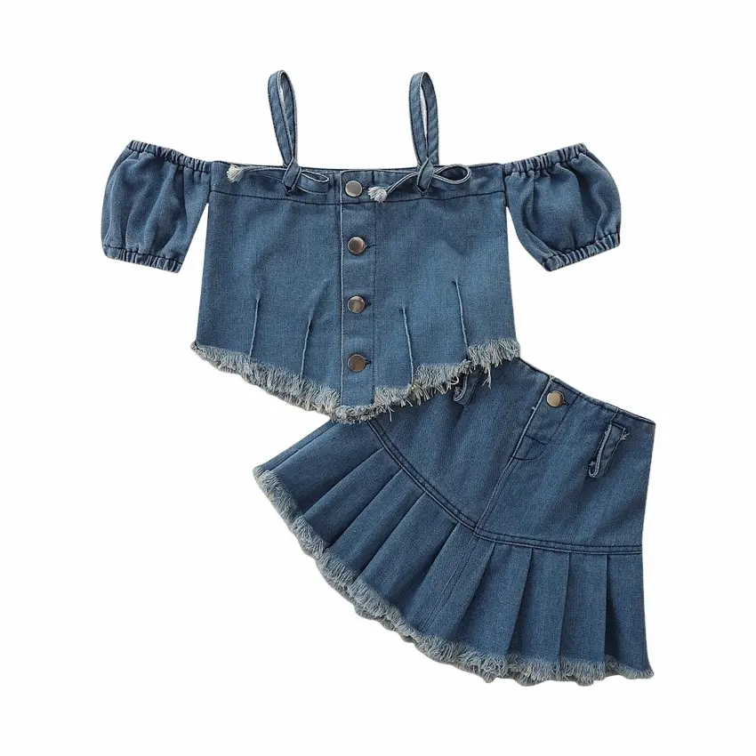 キッズ服サマーガールズジーンズスカートスーツ不規則なスパゲッティストラップトッププリーツスカートベビー服1-3歳の女の子