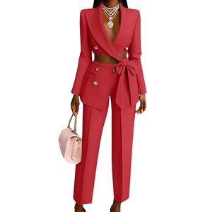 女性用無地ネクタイVネックスーツブレザートップズボンカジュアルキャリア2ピースセットSeheファッション - Product Image 2