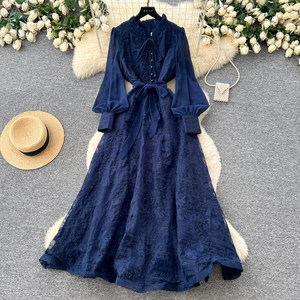 knee length dresses for ladies Navy Lace Top Maxi Dress with Open Back and Side Slit main image 1