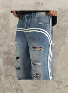 Street Style Men Vintage Heavy Distress Wash Black Baggy Jeans Side Striped 100% Cotton Jeans para hombres Stripe Jeans - Product Image 5