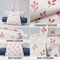 Sac fourre-tout de yoga en velours côtelé blanc OEM avec porte-tapis extérieur, logo personnalisé, imprimé botanique, fermeture éclair supérieure, sac à bandoulière pour Pilates et fitness