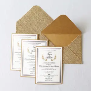 最新のシックなリネンデザインのウェディングカードの招待状と空白のクラフト紙ライナー封筒カスタムロゴウェディングサンキューカード
