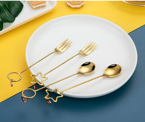 Stainless Steel Cutlery Set for Home Use Gold Matted Long Handle Spoon and Fork with <b>Star</b> Heart Pendant Flatware Sets - Product Image 4