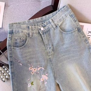 Jeans a Gamba Larga da Donna in Stile <span class=keywords><strong>Cinese</strong></span> con Ricami Floreali, Lavaggio Chiaro, Vita Alta, Pantaloni in Denim Larghi, Pantaloni Casual Retrò - Product Image 2