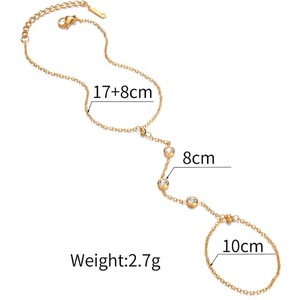 18K PVD <b>Gold</b> Plated Stainless Steel Hand Chain <b>Bracelet</b> with CZ <b>Beads</b> | Adjustable Ring Connector Slave <b>Bracelet</b> for Women - Product Image 1