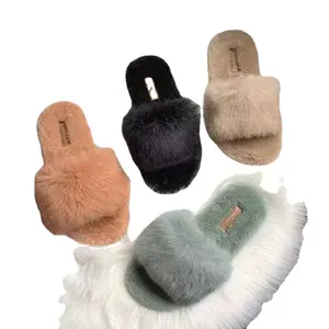 2021 Luxo e conforto chinelos macios plush plana faux fur open toe slides, casa quarto interior mulheres fur slides