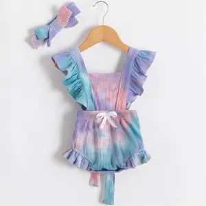 0-24M Toddler Boys Girls Tie-dye Rompers Headband Printed Backless Jumpsuits Ruffles Short Sleeve for Summer for Kids 3 Colors