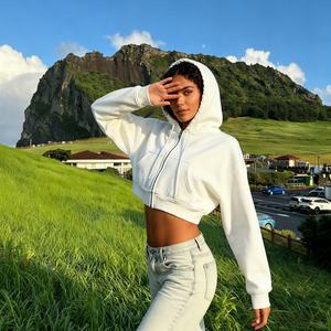 TKAN413D Crop Tops personnalisés avec logo, impression sérigraphique, manches longues, couleur unie, 100% coton, poche et fermeture éclair, sweat-shirt - Product Image 1