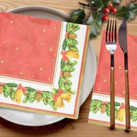 Serviettes en papier biodégradables rouges imprimées cloche de Noël, 16,5 cm, 20 pièces, pour hôtels, fêtes ou usage domestique, propres et pratiques
