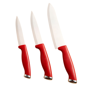 Juego de cuchillos de chef HORECA de 3 piezas, hoja con revestimiento antiadherente blanco, mango ergonómico de PP rojo para cocina comercial, corte de carne y verduras - Product Image 1