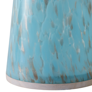 Mesa auxiliar moderna de vidrio con superficie de madera y base azul marmoleada para sala de estar o dormitorio - Product Image 5