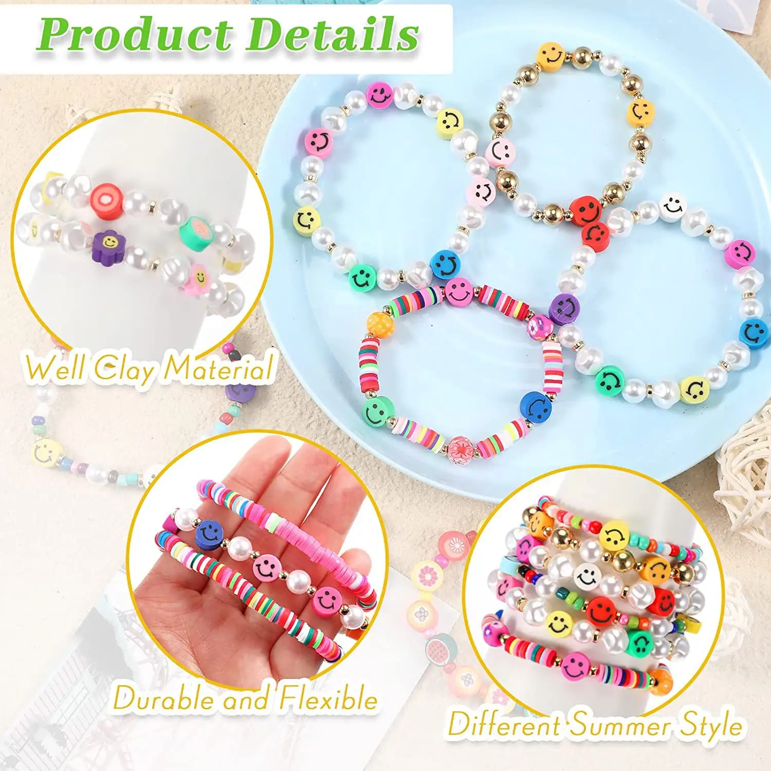 Bracelet en perles de visage souriant de fruits d'argile de couleur perle d'imitation avec le kit de fabrication de bracelet élastique en céramique douce