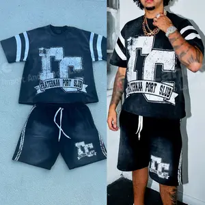 Men Streetwear Cotton Summer Acid Wash Tracksuit Custom 2 Piece Men T Shirt And Shorts Set Men