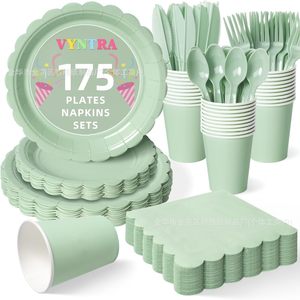 VYNTRA Party Tableware Set 175 Pieces <b>Mint</b> Green Disposable Plates Cups Napkins Cutlery for Celebration - Product Image 1