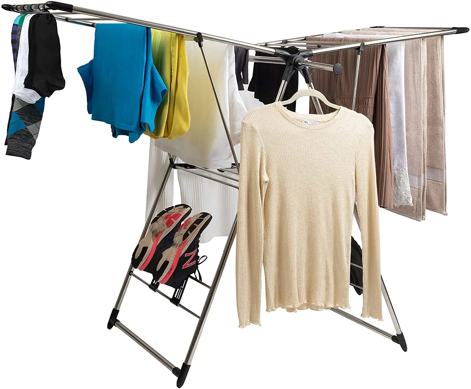 Stainless Steel Clothes Drying Rack - Laundry Rack with Hanging Rods, Sock Clips and Shoe Hangers - Adjustable Gullwing and Fold