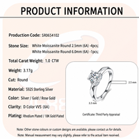 OEM ODM Vente en gros Bague en argent sterling 925 avec moissanite taille ronde, personnalisable 1-2,5 μm, Vermeil or, Usine de bijoux fins pour femmes