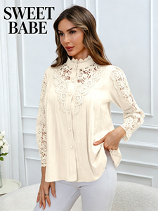 Beige Stand Collar Lace <b>Patchwork</b> Long Sleeve Blouse – Fashionable Women's <b>Shirt</b> for Plus Size - Product Image 1