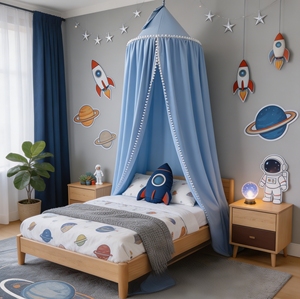 Baldacchino per <span class=keywords><strong>Letto</strong></span> Bambini Stile Nordico con Bordo in Pompon - <span class=keywords><strong>Zanzariera</strong></span> a Cupola Pieghevole in Poliestere per Stanza delle Bambine, Angolo Lettura e Tenda da Gioco - Product Image 4