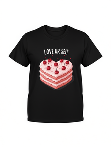 T-shirt Love Ur Self Heart Cake Nera Unisex a Maniche Corte Vestibilità Comoda Casual 100% Cotone 180g Stampa Digitale Girocollo in Jersey - Product Image 1