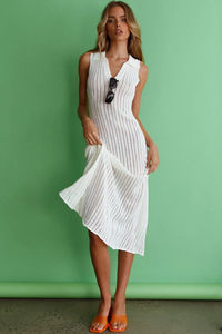 도매 여름 사무실 숙녀 크로 셰 뜨개질 원피스 공식 스타일 제국 허리 라인 자연 솔리드 자르기 최고 니트 원피스 - Product Image 3