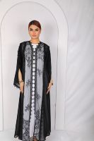 Ensemble Abaya de Luxe en Dentelle Noire et Mousseline Premium, Kimono Ouvert avec Robe Intérieure, Idéal pour Occasions Spéciales