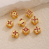 Perles intercalaires en acier inoxydable 304 plaqué or, motif fleur à quatre feuilles, incrustation de zircon rouge vintage, perles en vrac pour la fabrication de bijoux DIY, vente en gros