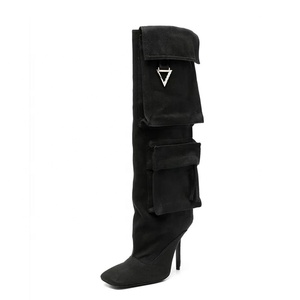 Botas de tacón fino hasta la rodilla para mujer, con bolsillos, punta cuadrada, tacón de aguja, ajuste ancho, botines largos de tela vaquera - Product Image 6