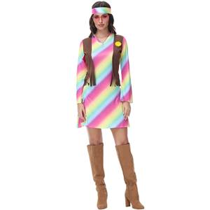2026 New Update Vintage 60s 70s Hippie Performance Wear Carnival Party Disco Cosplay Sexy Women <b>Rainbow</b> Dress - Product Image 2