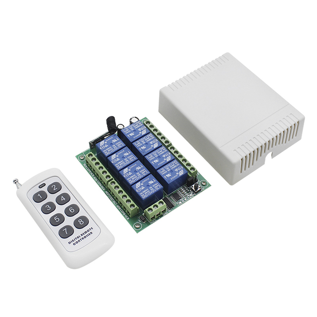 DC 12V 24V Waterproof Wireless 433MHz RF Remote Control Switch 8-Channel Relay Module with Transmitter and Receiver Board