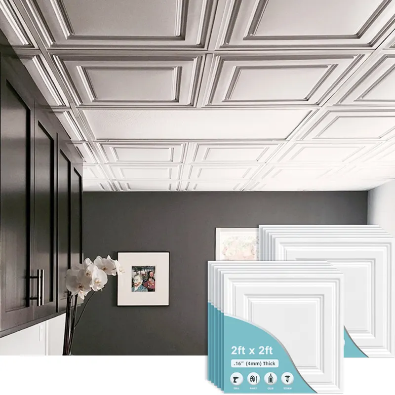 Telhas de teto de plástico para decoração, painel falso de plástico para teto, banheiro 2x2 4